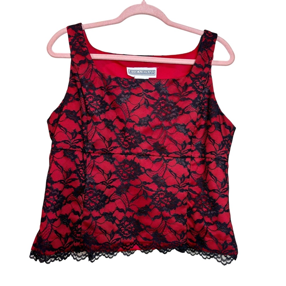 Jessica Howard Red Lace Tank Top Sleeveless Party Blouse Elegant Size‎ 12